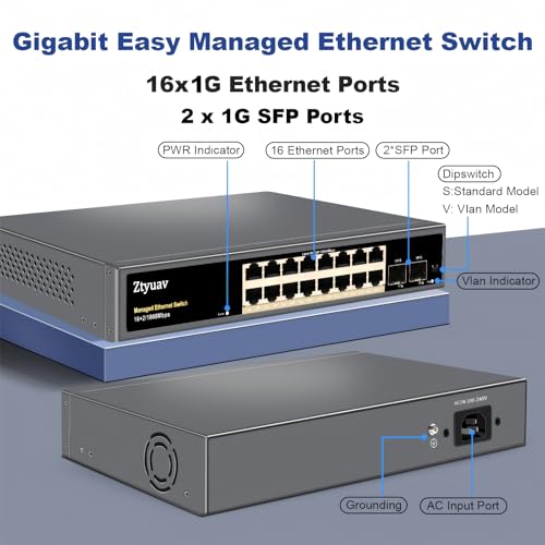 Image of 18-Port Full Gigabit Easy Smart Managed Ethernet Switch-16 RJ45 Ports & 2 SFP Ports, Web & APP Managed, VLAN /QoS /IGMP /LAG /TELNET /CLI Supported, Home Office Network Hub, Metal Plug & Play
