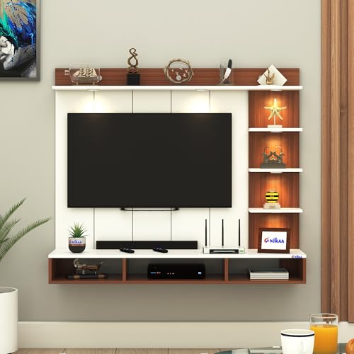 Image of Anikaa Tyron Engineered Wood Wall-Mount TV Unit with PVC Back Panel & LED Lights | TV Cabinet with Storage Box & Decorative Shelves (Walnut /White) | Ideal for TVs up to 43 Inch | DIY Installation