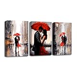 CXHOSTENT Paris Canvas Wall Art 3 Piece Black and Red Couple Kissing with Umbrella Picture Eiffel Tower Painting Prints Romantic Abstract Artwork (A, 11.00'x14.00'x3P)