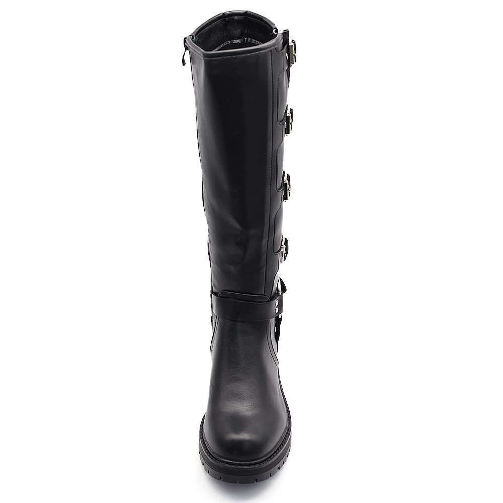 IF Fashion Chaussures Femmes Bottes Au Mollet Biker Motard Avec Multi Boucles Amphibiens RQ63 noir