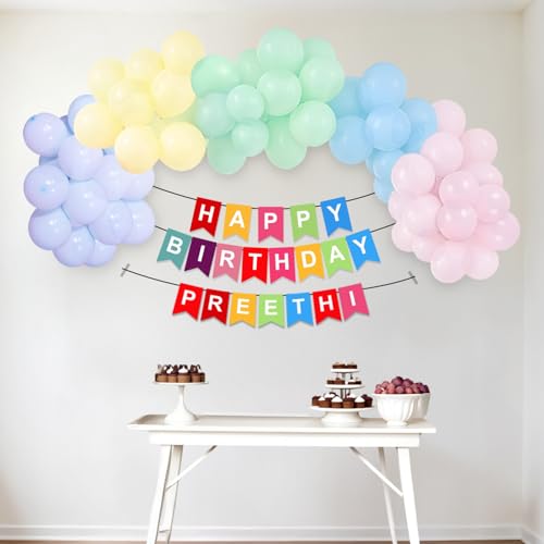 Image of Party Propz Latex, Cardstock Happy Birthday Banner - 115 Pcs Birthday Decoration Kit, Alphabets For Decoration, Customized Banner With Name & Pastel Balloon For Decorations (Multicolor)