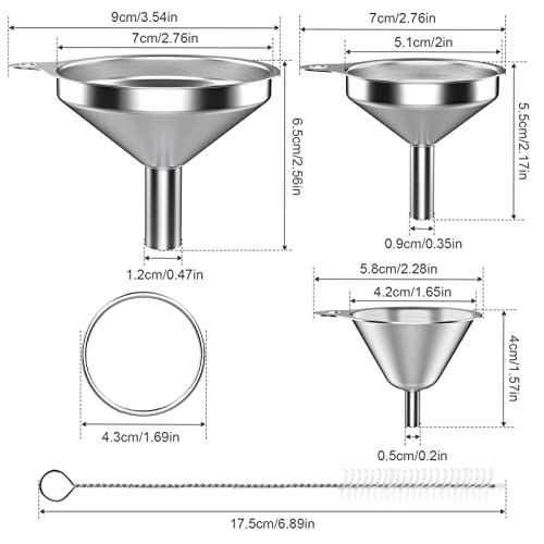 3 Stück Edelstahl Trichter für die Küche mit 2 Stück Reinigungsbürsten & Griff, Stapelbarer Mini Trichter für Flüssigkeiten, Kochöle und Pulver, 4.5/5.5/7.5cm