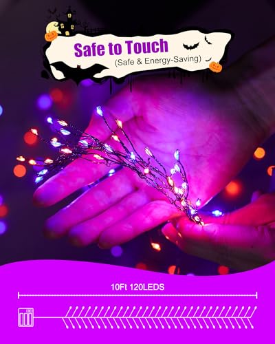 Image of Halloween Fairy Lights Battery Operated, 10 Feet 120LEDs Firecracker String Lights, Silver Wire Starry Firefly Lights for Bedroom Home Haunted House Indoor Outdoor Holiday Decorations, Orange & Purple | Waterproof Silver Wire Starry Firefly Lights for DIY Home Haunted House Indoor Outdoor Halloween Decorations, Orange & Purple