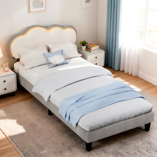 Artswish Lit Enfant 90x200 cm - Lit Simple avec Tête de lit Nuage réglable, Éclairage LED RGB - Housse Velours Gris-Blanc (sans Matelas)