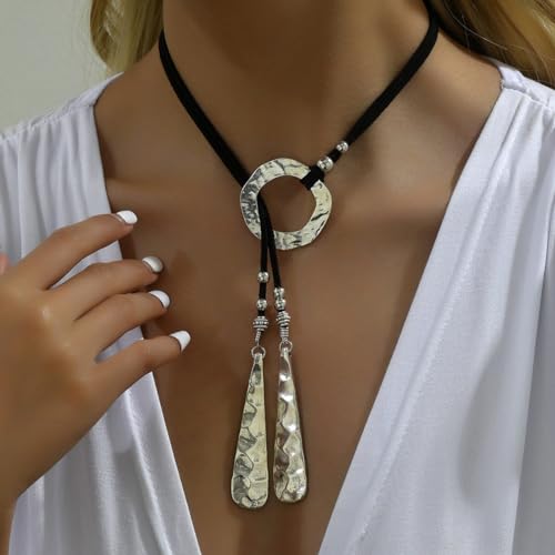 Mssiejew Boho Necklaces For Women Brown Suede Choker Necklace Trendy Boho Layered Leather Necklace Bohemian Long Circle Leather Choker Western Outfit Necklace thumb #1