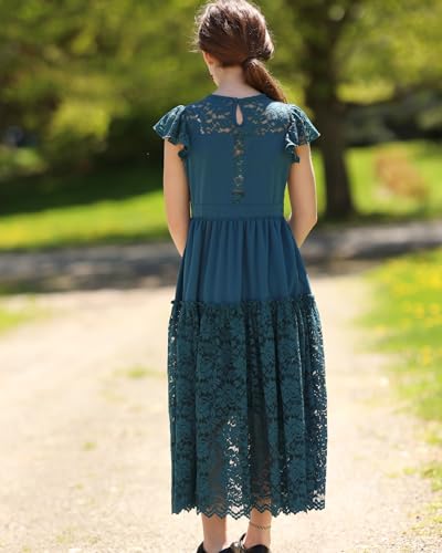 Rolanko Girls Boho Lace Dresses, Ruffle Sleeve Tiered Flower Girl Maxi Dress with Lining for Wedding Party3