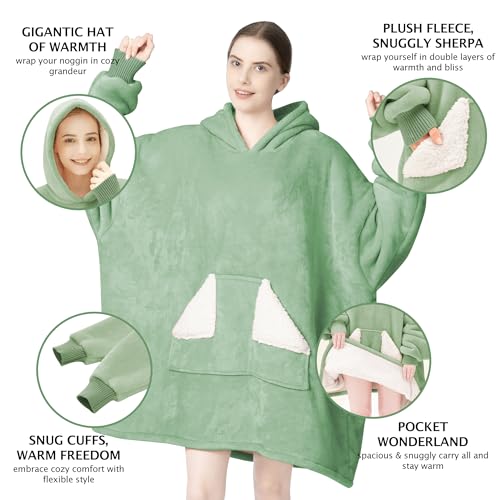 Touchat Wearable Blanket Hoodie, Oversized Sherpa Blanket Sweatshirt with Hood Pocket and Sleeves, Gifts Hooded Blanket for Adult Women Men (Light Green)