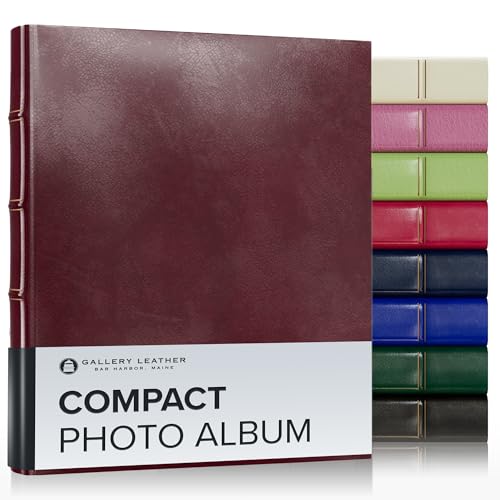 Gallery Leather Compact Photo Album for 4x6 Pictures, Holds 120 Photos, Premium Bonded Leather, 3-Ring Binder, Handcrafted, Made in USA, Acadia Burgundy - 9.25