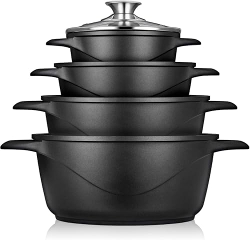 briebe Topfset Induktion 8-Teilig, Kochtopf Set 4 Töpfen aus Aluminiumguss, Antihaftbeschichtung ILAG GRANITEC ohne PFOA, Deckeln aus Glass, Topfhandschuhe Silikon, Glaskeramik, Gas, Ofen, MGK-12