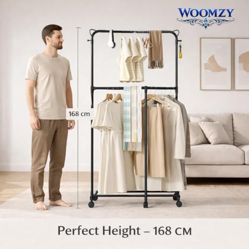 Image of WOOMZY Heavy-Duty Metal Hanger Stand for Clothes Hanging, Garment Stand Rack Clothe Storage Freestanding Cloth Hanging Stand for Bedroom, Entryway, Support for Side Back (Black-Round)