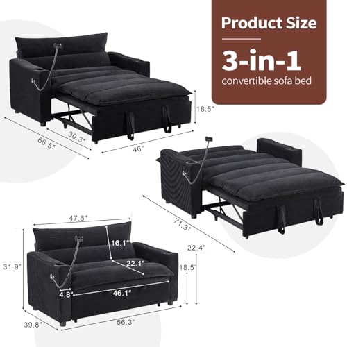 Image of HAOMARKETS 3-in-1 Convertible Loveseat Sleeper Sofa Bed, 2-Seat Pull Out Couch with Cup Holders, Phone Holder and USB Ports, Corduroy 3-Level Adjustable Backrest Couches for Living Room, Black