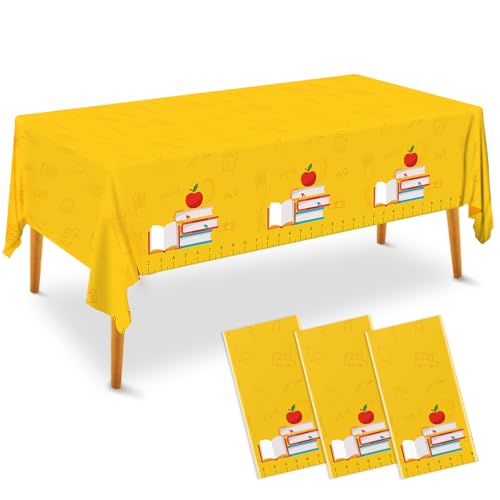 Detanpoly 3pcs Back to School Tablecloths Disposable Plastic Waterproof Table Cover Rectangular Yellow Ruler Tablecloths Kindergarten Graduation First Day of School Party Decorations 54x108