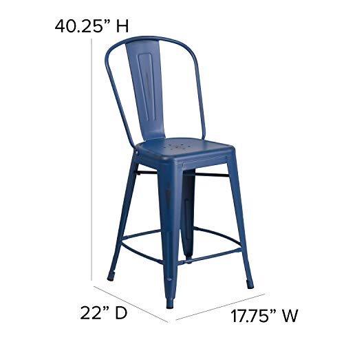 Merrick Lane Sabine 24" Metal Indoor-Outdoor Counter Stool With Vertical Slat Back And Integrated Footrest In Distressed Antique Blue #TOP4