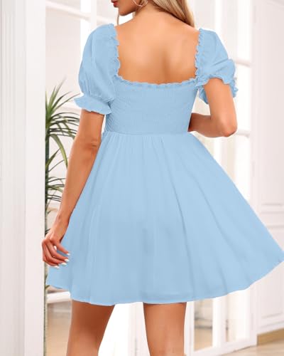 Image of Holipick Women's Casual Square Neck Smocked Dress Shirred Ruffle Puff Sleeve High Waist Cute Flowy A-Line Short Dress
