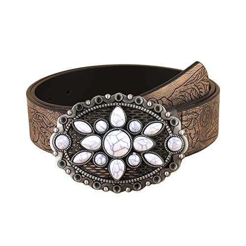 appuivbt Vintage White Stone Buckle Belt Engraved Flower Belt Embossed Leather Belt Vintage Western Belt Jeans Belt