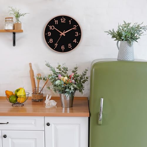 Image of Roymnie Wall Clock, Silent Wall Clocks Battery Operated 8 Inch-Modern Non Ticking Analog Clock Decorative for Kitchen Office Bathroom Bedroom(Black Rose Gold)