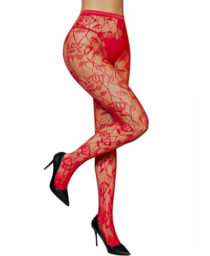 RSLOVE Womens Patterned Fishnet Tights Floral Lace Pantyhose Sexy Fashion Stockings One Size Red