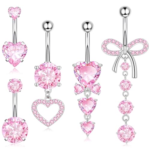 Dangle Belly Button Rings Piercing Jewelry for Women Surgical Stainless Steel Dangling Belly Ring Pack with Heart Bow Elements 14g
