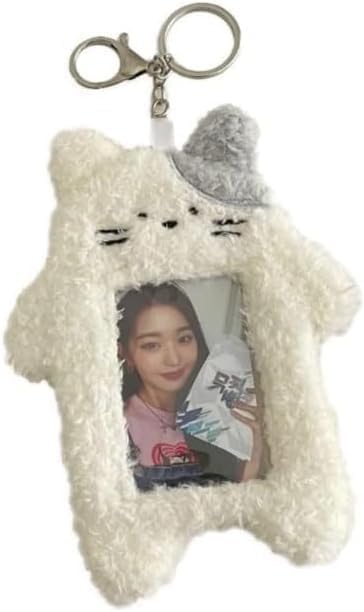 White Plush Rabbit Photocard Holder with Keychain, Cute Cartoon Plush Photocard Holder- ID Card Cover Protective Card Rabbit Identification Badges Supplies, Car Keychain, Business Card Holders