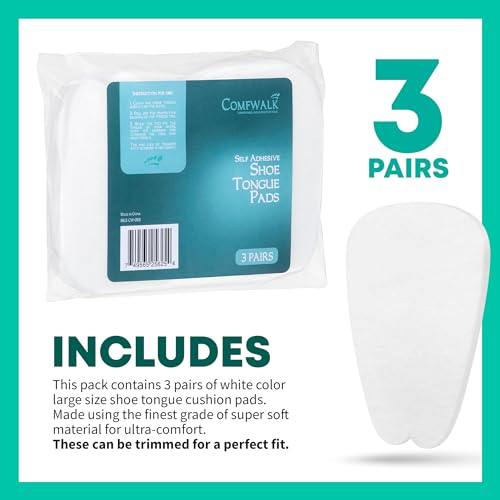 Image of COMFWALK Felt Tongue Pads for Shoes - Soft Self-Adhesive Shoe Inserts | White, 3 Pairs