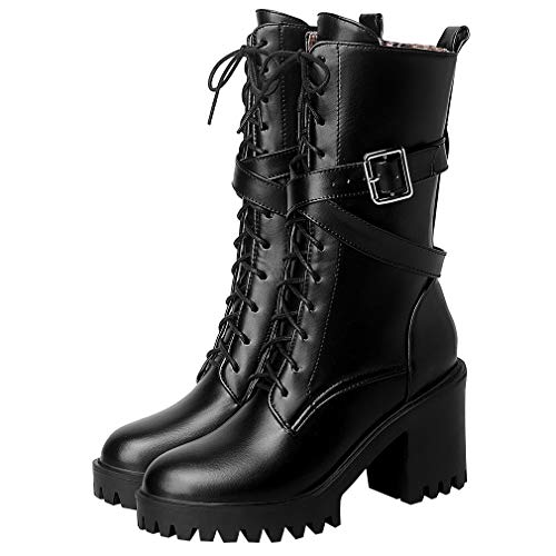 Parisuit Women's Chunky High Heel Lace Up Mid Calf Boots Goth Buckle Platform Combat Boots Punk Zip Up Booties