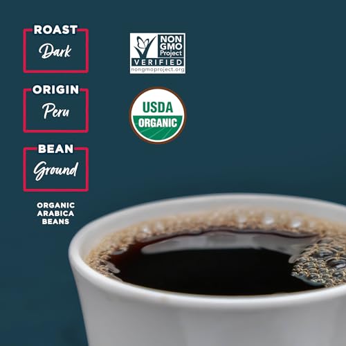 Laird Superfood Peruvian Dark Roast Coffee with Functional Mushrooms, Certified Organic Peruvian Ground Coffee Beans, Gluten-Free, Dairy-Free, Non-GMO, Paleo, Keto Friendly, 12 oz. Bag