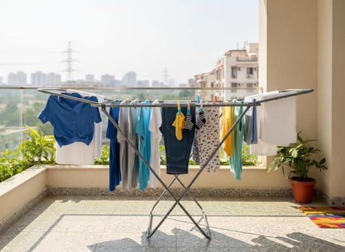Image of WONJU Foldable Clothes Drying Rack, White Metal, Large, Space Saving, Lightweight, Portable, Multi-Level Drying, Indoor and Outdoor Use Grey Color