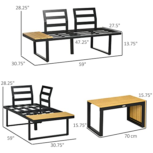 Outsunny 3 Piece Patio Furniture Set With Cushions, Aluminum Frame Outdoor Conversation Sofa Set W/Two Loveseats And Wood Grain Plastic Top Coffee Table/Side Table, Dark Gray #TOP2