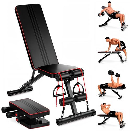 EveryKip Banco de Musculación Ajustable y Plegable para Pesas y Mancuernas, Banco de Pesas Multifunción Gimnasio en Casa, Entrenamiento Cuerpo Completo 7 en 1,Respaldo y Asiento Regulable, Abdominales