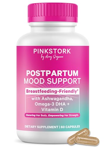 Pink Stork Postpartum Mood Support - Postnatal Hormone Balance for Women - Breastfeeding Friendly - Stress & Cognitive Support, New Mom Essentials - Ashwagandha, Chamomile, & Vitamin D, 60 Capsules