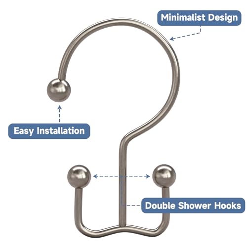 Image of Titanker Shower Curtain Hooks Rings, Rust Resistant Metal Minimalist Simple Double Glide Shower Hooks Rings for Bathroom Shower Rods Curtains, Set of 12 Hooks - Nickel