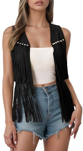 Maeau - Gilet en Daim Femme Franges Vintage Veste Décontractée Sans Manches Sans Fermeture Style Années 70 S Noir