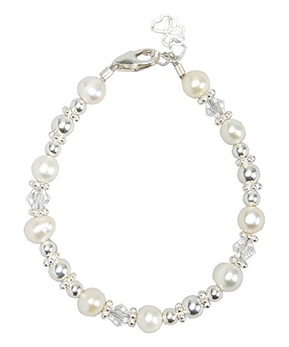 Elegant White Cultured Fresh Water Pearls and European Crystals with Sterling Silver Beads Luxury Keepsake Toddler Girl Bracelet Gift (BFWSC_All)