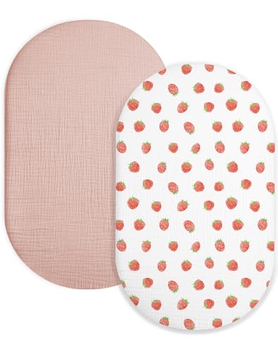 Image of Bassinet Sheet for Baby Boy Girl 2 Pack, Fitted Sheets for Rectangle, Oval, Hourglass Bassinet Mattress, Muslin Moses Basket Sheets (Strawberry & Pale Pink, Bassinet Sheet)
