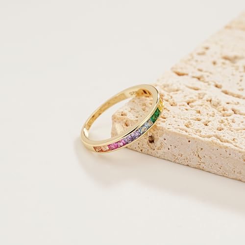 925 Sterling Silver Women Rainbow Eternity Rings Colorful Cubic Zirconia Statement Ring Wedding Rings Fashion Versatile Creative Finger Ring Jewellery For Women Ladies，Size 6-82