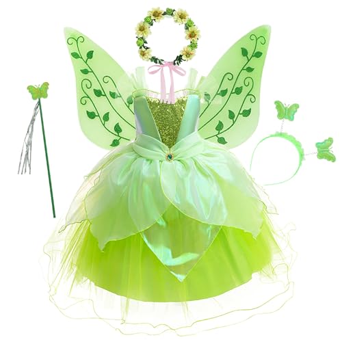 New front Disfraz de Tinkerbells Princesa Hadas Vestido Princesa Tiana para Niños Fiesta Cumpleaños Cosplay Halloween Carnaval Vestido Verde con Accesorios,Verde,120