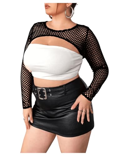 WDIRARA Women's Plus Size Fishnet Sheer Mesh Round Neck Long Sleeve Super Crop Top4