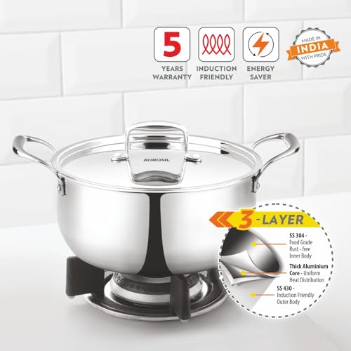 Image of Borosil Cookfresh Tri-ply Casserole 18cm (2.1 L) Steel Handle | SS304 Food Grade Steel, Dishwasher Safe | Compatible for Gas, Induction, Hot Plate, Halogen | 5 Years Warranty