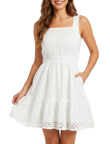 ZENUTA Summer Dress for Women Square Neck Eyelet Sleeveless Smocked Waist A-Line Midi Dress with Pockets Casual Cotton Beach Dress White