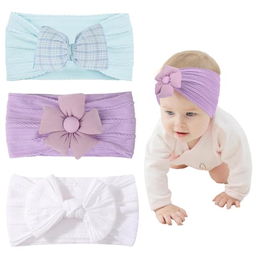 Image of SNOWIE SOFT® 3Pcs Hair Bands for Baby Girls, 3-Color Nylon Turban Knotted Stretchy Cute Bow Flower Baby Girl Hair Bands,Super Soft and Stretchy Headbands for Girl - Accessories Hairband Set for Girls
