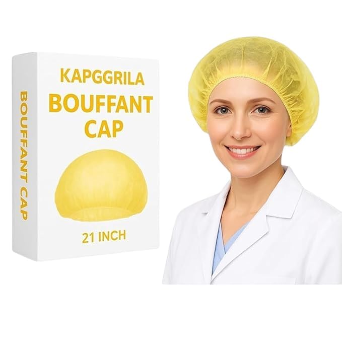 Image of KAUSTA Disposable Bouffant caps /Surgical Caps /Cooking Caps /Surgical Head Caps /Non Woven Head Caps, Pack Of 100pcs (18 inch) Medical Use Disposable Bouffant Caps Stretchable Hair Cover / Hair Net (Yellow)