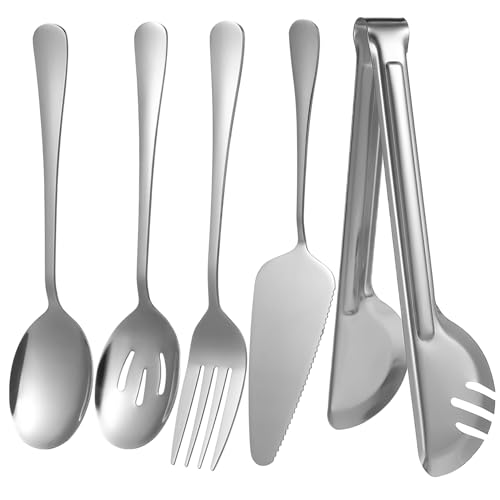 Ciieeo Wedding Silverware Set Stainless Steel Large Serving Utensils Fork Salad Server Tongs Spoon Buffet Server for Parties Modern Kitchenware