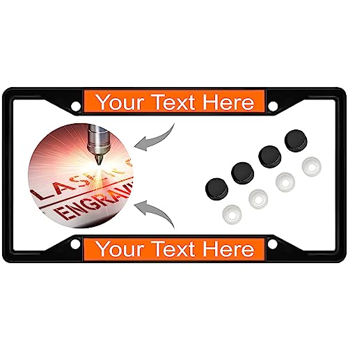 Image of Personalized with Custom Text Design - 4 Hole Black Metal Laser Engraved US Standard Size - Car License Plate Frame with Free caps - Orange /White Text (Qty: 1 Frame)