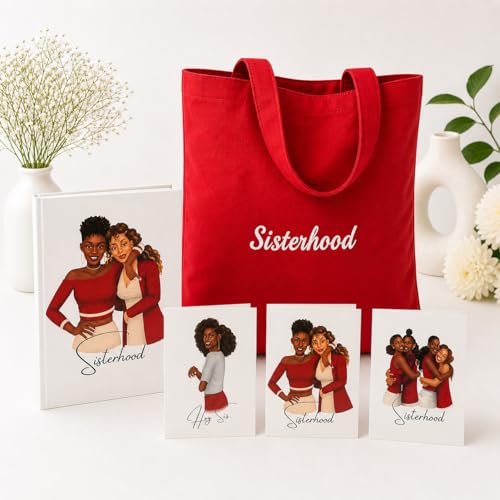 Image of Sisterhood Tote Bag, Journal and Stationery Gift Set, 6x9 inch Lined Journal, 3 Greeting Cards, Embroidered Canvas Tote, Gift Set for Friends and Sisters (Crimson+Cream)