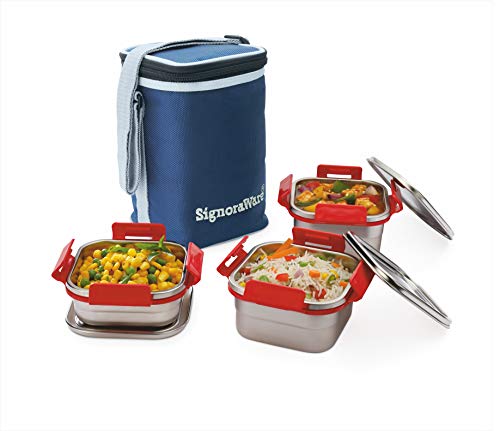 SignoraWare (500ml+350ml+350ml) Director Squarex Stainless Steel Lunch Box with Lock Clip Lids and Bag, BPA Free Plastic, Airtight Leak Proof Containers Boxes, Freezer Dishwasher Safe Boxes (Red)