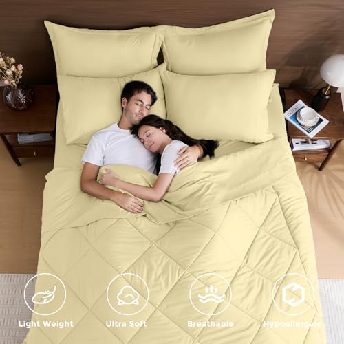 HEVUMYI Cream Yellow Queen Comforter Set - 7-Piece All Season Bed in a Bag Queen, Ultra Soft Bedding Set with Comforter, Flat Sheet, Fitted Sheet, Pillowcases, Pillow Shams