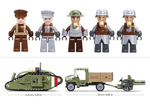 SLUBAN Military Building Block Set, Tank M.38 15.8 cm, Munitions Truck 22 cm, Artillery Cannon, 5 Minifigures, M38-B1296 - Image 2