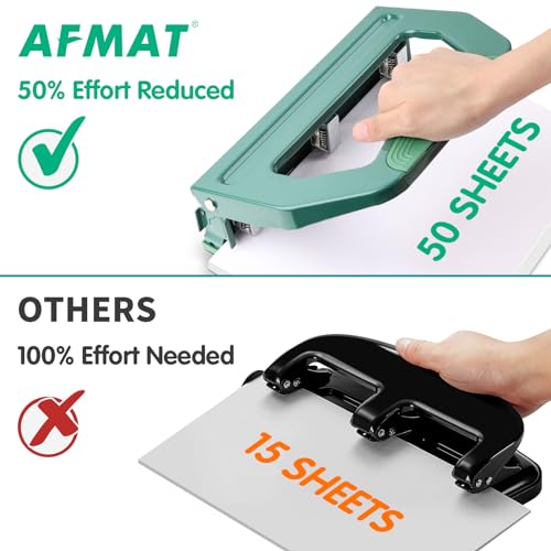 Image of AFMAT 3 Hole Punch Heavy Duty, 9 /32 inch Holes, 50-Sheet Hole Puncher 3 Ring, 50% Reduced Effort, Adjustable Two & Three Hole Punch, Metal Paper Puncher w /Large Chip Tray, Metal Paper Guide, Green, HP18