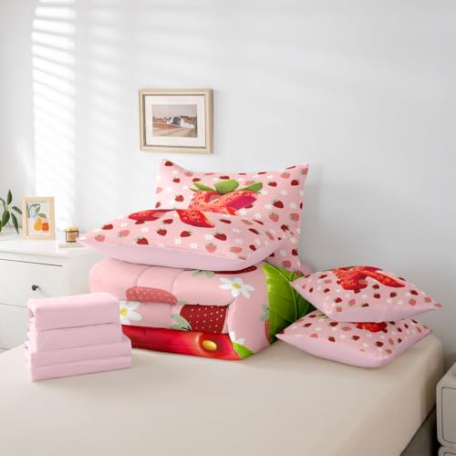 Image of Feelyou Girls Cute Strawberry Comforter Set With Sheets 7 Piece King Size Pink Strawberry Bed in a Bag Kids Boys Girls Initial Letter K Bedding Set Bedroom Decor Breathable Soft Lightweight Microfiber