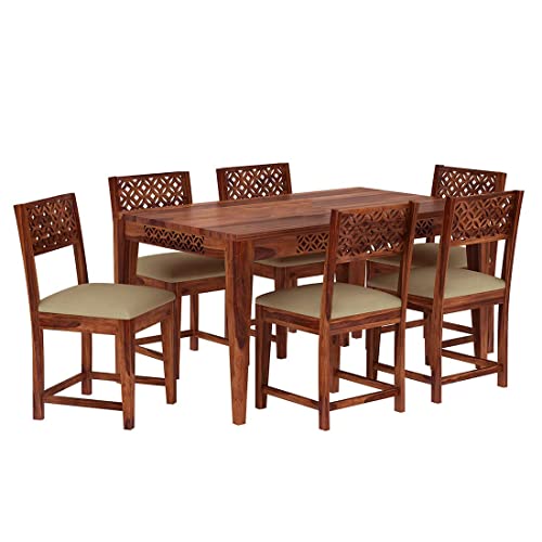 Image of Solid Sheesham Wood Dining Table Set with 6 Cushion Chairs for Home Dining Room Wooden 6 Seater Dinner Table for Living Room Hotels Restaurants - Honey Finish